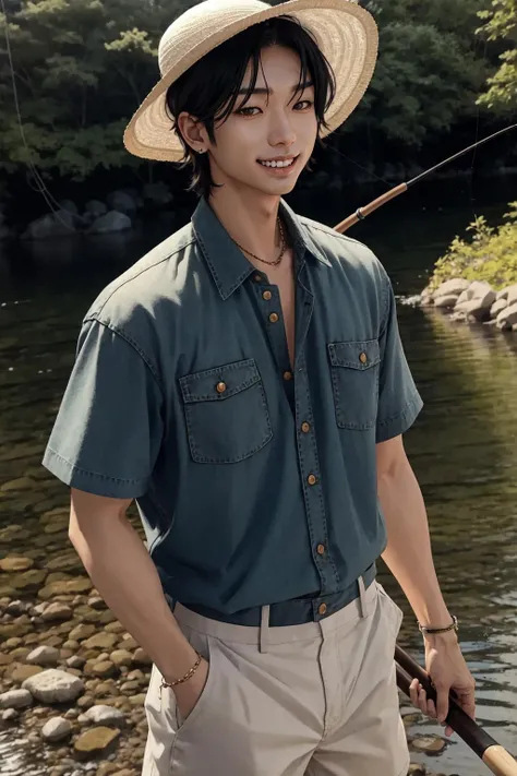 1man, male, man, male focus, yutoda, solo, looking at viewer, smile, short hair, shirt, holding fishing rod, teeth, khaki pants, grin, white and blue shirt, fishing hat falling off neck, standing, realistic, Extreme Details, Photo realistic, hyper detail, hyper realistic, <lora:AdachiYuto-01:0.9>