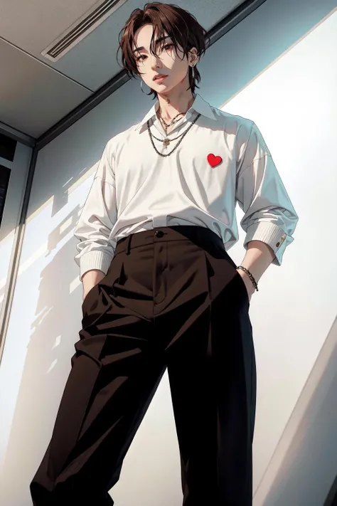1man, male, man, male focus, yutoda, solo, short hair, brown hair, brown eyes, standing, looking at viewer, white "I heart NY" sweater, white collared shirt, tiny earrings, black pants, Extreme Details, Photo realistic, hyper detail, hyper realistic, <lora:AdachiYuto-01:1>