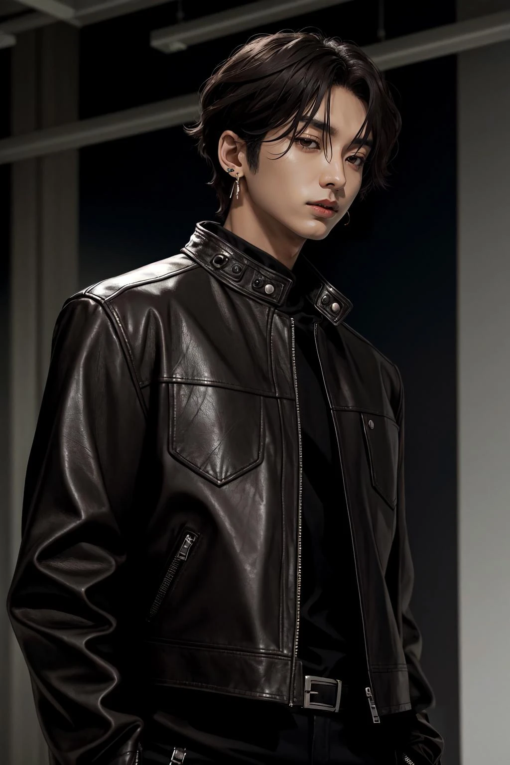 1man, male, man, male focus, yutoda, solo, black hair, brown eyes, short hair, upper body, black leather jacket, small earring, parted lips, looking to the side, bodysuit, realistic, Extreme Details, Photo realistic, hyper detail, hyper realistic, <lora:AdachiYuto-01:0.9>