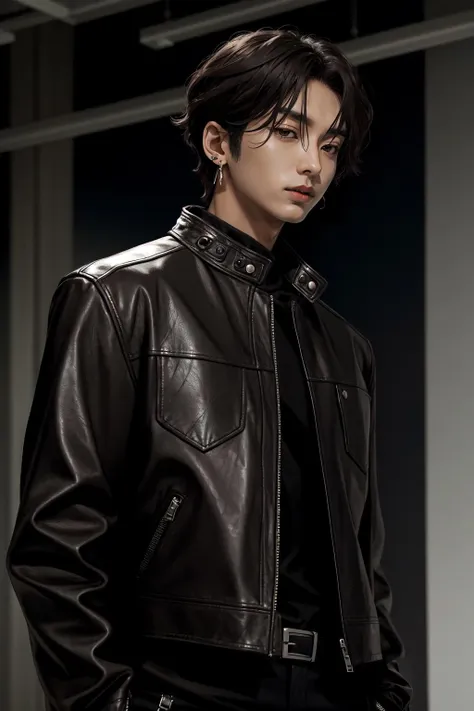 1man, male, man, male focus, yutoda, solo, black hair, brown eyes, short hair, upper body, black leather jacket, small earring, parted lips, looking to the side, bodysuit, realistic, Extreme Details, Photo realistic, hyper detail, hyper realistic, <lora:AdachiYuto-01:0.9>