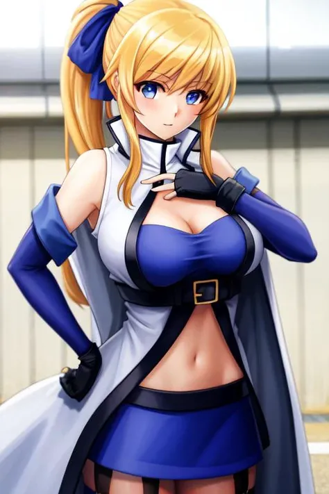 (((perfect-photoproof-and-videoproof-authentic-reality-realistic-perfect, perfect-1girl-solo-perfect, prominent)))   <lora:chara_kyko trigger -mugen-:1>chara-kyoko, blonde_hair, long hair, ponytail,  hair ribbon, hair ribbon, bare_shoulders, white coat, sleeveless coat, blue_skirt, blue_thighhighs, fingerless_gloves, garter_straps, navel, overcoat-on-arms