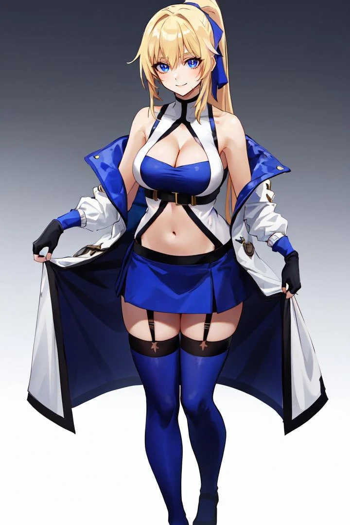 (masterpiece, best quality, highres), <lora:loraH(DiffLoRA)_FaceShadowTweaker_v1_dim4:-2>, anime screencap,
1girl, solo, full body,
<lora:chara_kyko_v1:0.7>, chara_kyko, blonde_hair, long hair, ponytail,
hair ribbon, bare_shoulders, white coat, blue_bra, blue_skirt, blue_thighhighs, fingerless_gloves, garter_straps, thighhighs, underwear, zettai_ryouiki,
cleavage, navel,
looking at viewer,
smile,