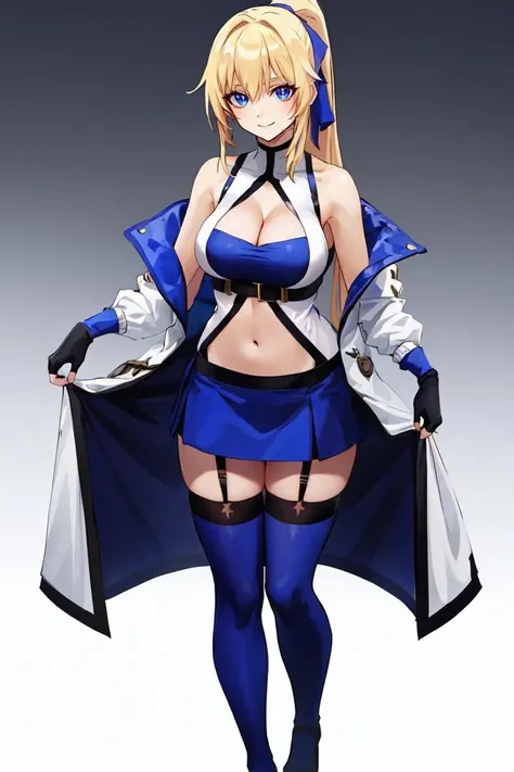 (masterpiece, best quality, highres), <lora:loraH(DiffLoRA)_FaceShadowTweaker_v1_dim4:-2>, anime screencap,
1girl, solo, full body,
<lora:chara_kyko_v1:0.7>, chara_kyko, blonde_hair, long hair, ponytail,
hair ribbon, bare_shoulders, white coat, blue_bra, blue_skirt, blue_thighhighs, fingerless_gloves, garter_straps, thighhighs, underwear, zettai_ryouiki,
cleavage, navel,
looking at viewer,
smile,