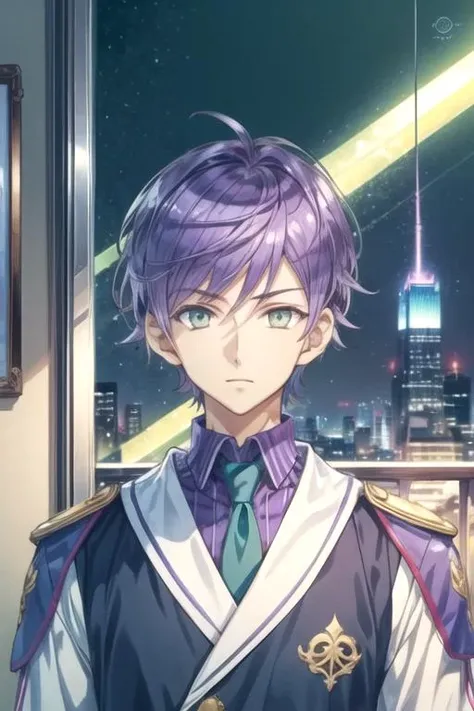 masterpiece, best quality, wallpaper, 1boy, solo, male focus, looking at viewer, upper body, , ligne claire, , <lora:mao_saitou:0.74>, mao_saitou, purple hair, green eyes, , caps, The City of Mirrors,
