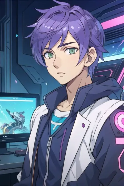 masterpiece, best quality, game cg, 1boy, solo, male focus, looking at viewer, upper body, , anime coloring, realistic, <lora:mao_saitou:0.68>, mao_saitou, purple hair, green eyes, , science fiction cyberpunk, Blu-ray