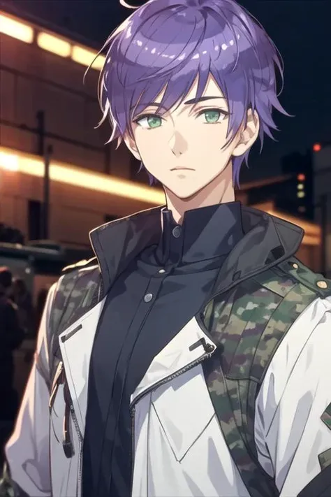 masterpiece, best quality, movie still, 1boy, solo, male focus, looking at viewer, upper body, depth of field, , realistic, <lora:mao_saitou:0.70>, mao_saitou, purple hair, green eyes, camo costume, science fiction military science fiction, 4k resolution