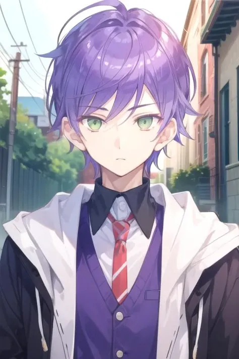 masterpiece, best quality, photorealistic, 1boy, solo, male focus, looking at viewer, upper body, depth of field, anime coloring, , <lora:mao_saitou:0.72>, mao_saitou, purple hair, green eyes, mummy costume, The Valley of the Lost,