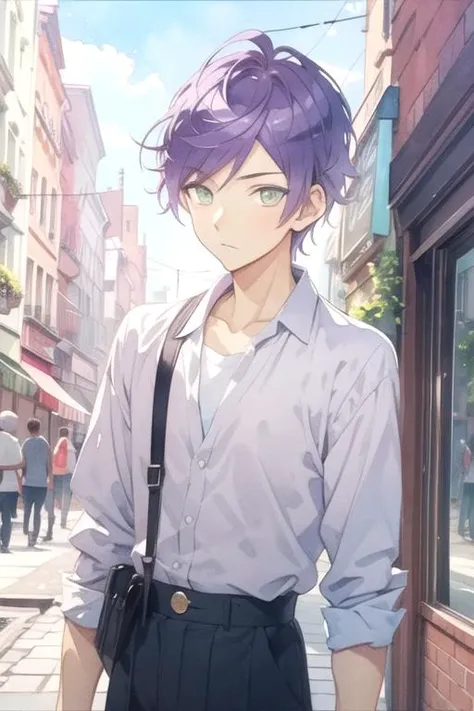 masterpiece, best quality, movie still, 1boy, solo, male focus, looking at viewer, , , (watercolor illustration, soft pastel colors:1.1), , <lora:mao_saitou:0.74>, mao_saitou, purple hair, green eyes, , , The City of Mirrors,
