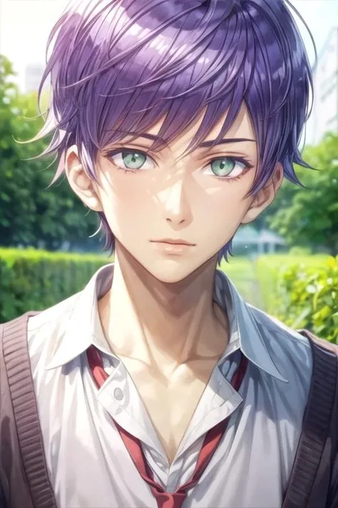 masterpiece, best quality, movie still, 1boy, solo, male focus, looking at viewer, , , anime coloring, realistic, <lora:mao_saitou:0.68>, mao_saitou, purple hair, green eyes, , , High resolution