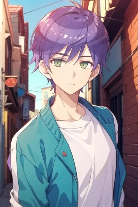 masterpiece, best quality, wallpaper, 1boy, solo, male focus, looking at viewer, upper body, depth of field, , , <lora:mao_saitou:0.66>, mao_saitou, purple hair, green eyes, windbreaker, , alley, Blu-ray