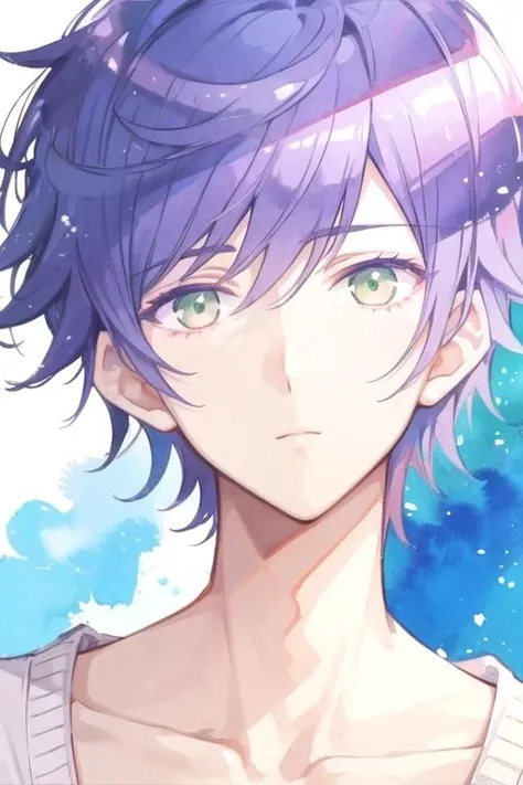 masterpiece, best quality, photorealistic, 1boy, solo, male focus, looking at viewer, , , (watercolor illustration, soft pastel colors:1.1), , <lora:mao_saitou:0.68>, mao_saitou, purple hair, green eyes, , , 8k resolution