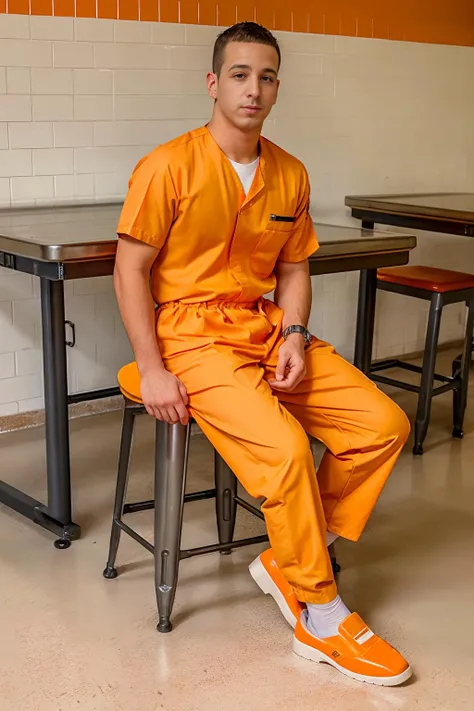 prison cafeteria, sitting at a table on a metal stool, tray of food on table, LukeDesmond is in prison wearing an (orange prison jumpsuit:1.3), wearing slippers, (((full body portrait))), wide angle <lora:LukeDesmond:0.8>