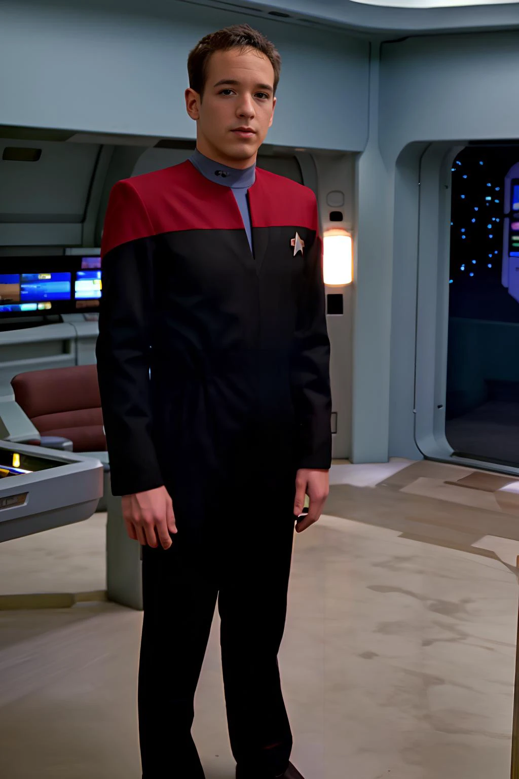 bridge of a starship, standing next to console, LukeDesmond, wearing red voyunf uniform, (standing at attention), ((full body portrait)), wide angle <lora:VoyunfRefined:0.70> <lora:LukeDesmond:0.8>