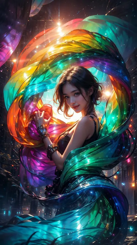 masterpiece,best quality,aesthetic,detailed face,subsurface scattering,dutch angle,
wrenchsfantasy,fantasy,1girl,photo of a cute girl,light smile,charming,20yo,A-line haircut.shiny hair,Turquoise hair,glowing,cloud,colorful || starry,stars,clothmancer,cloth,
rainbow-candy,
<lora:wrenchsfantasy-000016:0.8>,<lora:sunAndShadow_v10:0.6>,<lora:Concept - Clothmancer_v1:1>,