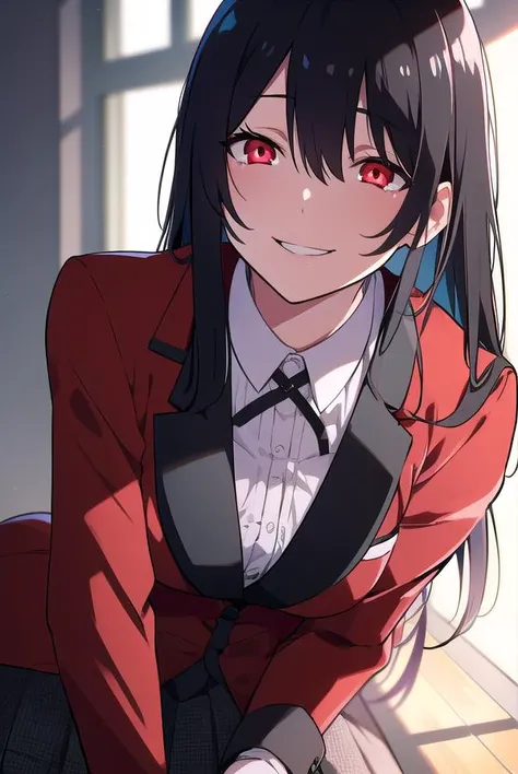 yumekojabami, <lyco:yumekojabami-LYCORIStest:1>,
yumeko jabami, black hair, (red eyes:1.5), hime cut, long hair, pink lips, lips, smile, grin,
BREAK black pantyhose, black ribbon, blazer, collared shirt, formal, hyakkaou academy school uniform, jacket, pantyhose, pleated skirt, (red jacket:1.5), (red suit:1.5), ribbon, school uniform, shirt, shoes, skirt, suit, suit jacket, white shirt,
BREAK looking at viewer,
BREAK indoors, classroom,
BREAK <lora:GoodHands-vanilla:1>, (masterpiece:1.2), best quality, high resolution, unity 8k wallpaper, (illustration:0.8), (beautiful detailed eyes:1.6), extremely detailed face, perfect lighting, extremely detailed CG, (perfect hands, perfect anatomy),