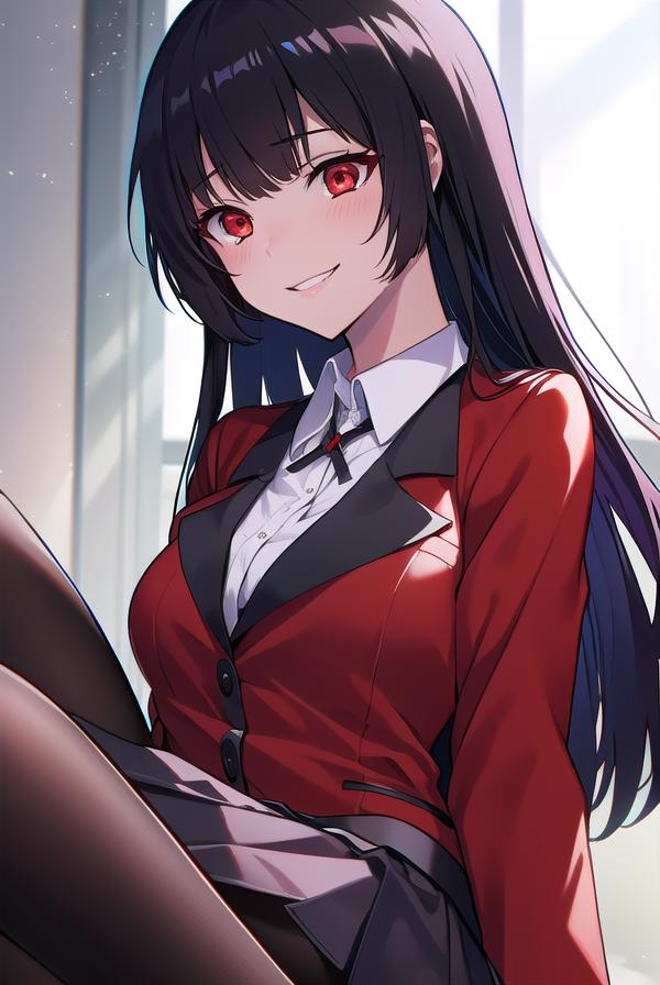 Anime girl with long black hair and red eyes sitting on a window sill ...