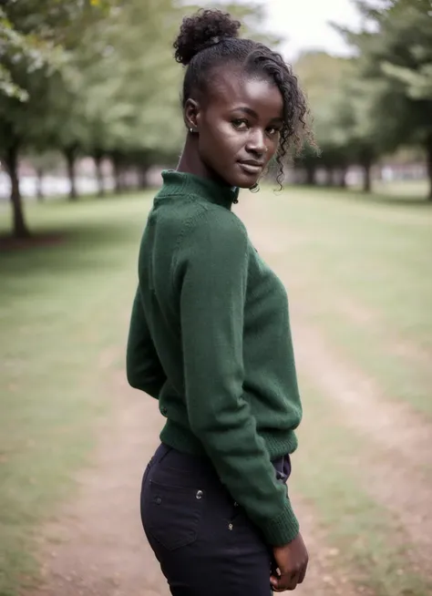 a photo of black sks woman doing a modelshoot, modelshoot style, wearing green pullover, posing for the camera, Sharp, 8k, <lyco:khoudiaDiop:1.3>