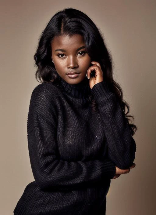 analog style, a photo of black sks woman, wearing a black sweater, posing for the camera, modelshoot style, Sharp, 8k, <lyco:khoudiaDiop:1.3>