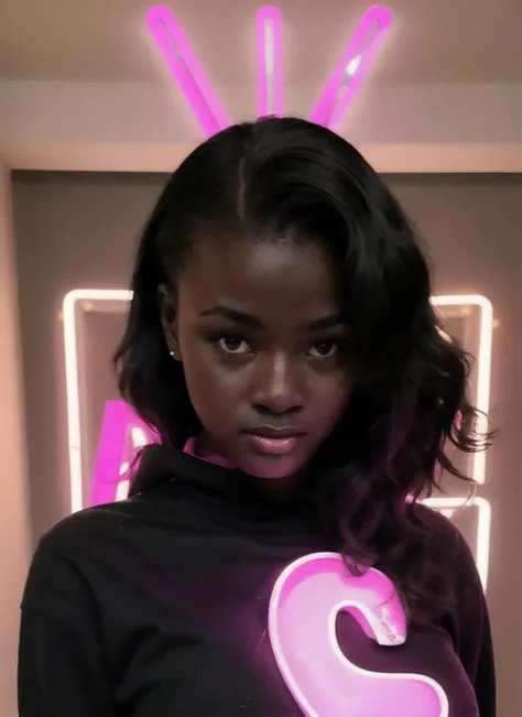 photo of black sks woman doing a modelshoot, modelshoot style, wearing black pullover with pink neon letters, posing for the camera, Sharp, 8k,  <lyco:khoudiaDiop:1.3>