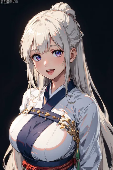 masterpiece、highest quality、High resolution、high quality images、8K, 1 female、skin luster、skin texture、Expression of fine eyes、Girl with long braided hair, realism, Detailed manga style, manga art style, perfect line drawing, beautiful line drawing, digital manga art girl, 
(beautiful golden eyes:1.5), Clear, beautiful eyes、plump lips, Detailed gorgeous face, (cute smile), charm, Front view, (perfectly detailed face), (fine hands) 、(Five fingers:1.3)、photorealistic images, Depth of written boundary, face forward  , romanticism、(Taisho Era、japanese black and golden kimono:1.5)、(large breasts:1.35)、blush、(white Hair:1.3)、Gorgeous blue sparkling earrings、Gorgeous gold bracelet、Gorgeous gold anklets、(oblong face:1.5)、(Sparkling Glitter:1.2)、Bangs between the eyes、(portrait:1.6)
Graceful、(Hands should be hidden behind the body:1.4)、Hairpin:1.3、(Woman looking at Earth from a spaceship window:1.3)、sit in the cockpit of a spaceship
