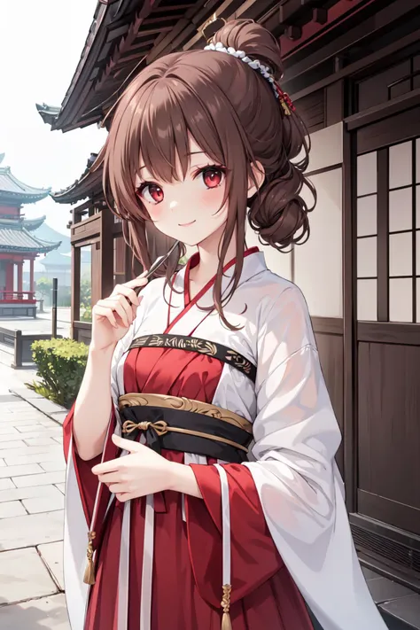 1girl,solo, <lora:Aoi2:0.4>aoisan,red eyes,brown hair,smile,
street,east asian architecture,
<lora:outfit hanfu:1>,outfit hanfu,hanfu