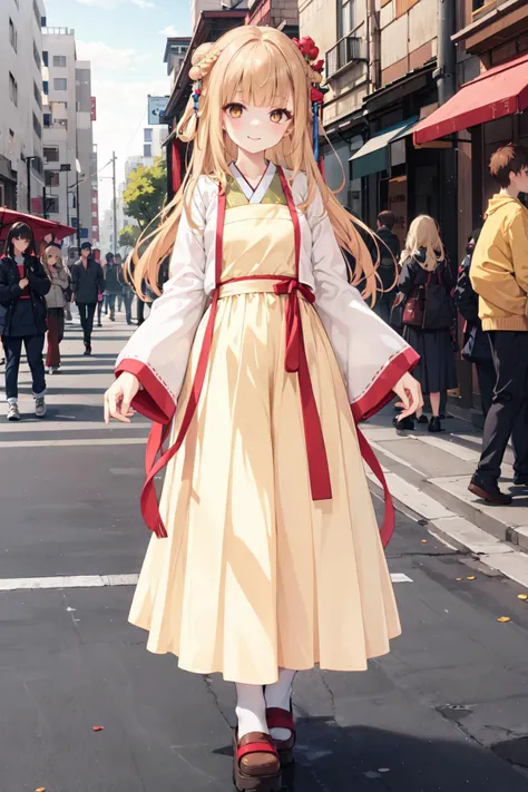 1girl,solo, <lora:chihiro-000010:0.5> chihiro,brown eyes, smile,full body,
street,sweater vest,
yellow hair,long hair,straight hair, blunt bangs
<lora:outfit hanfu:1>,outfit hanfu,hanfu