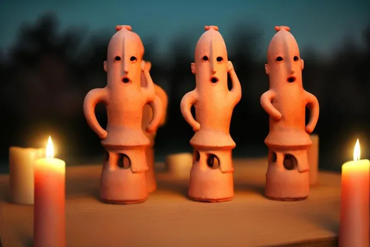 UECO, haniwa, statue, haniwa <lora:idol_v1:0.8>, 2 statues on a date, romantic evening, candle light dinner