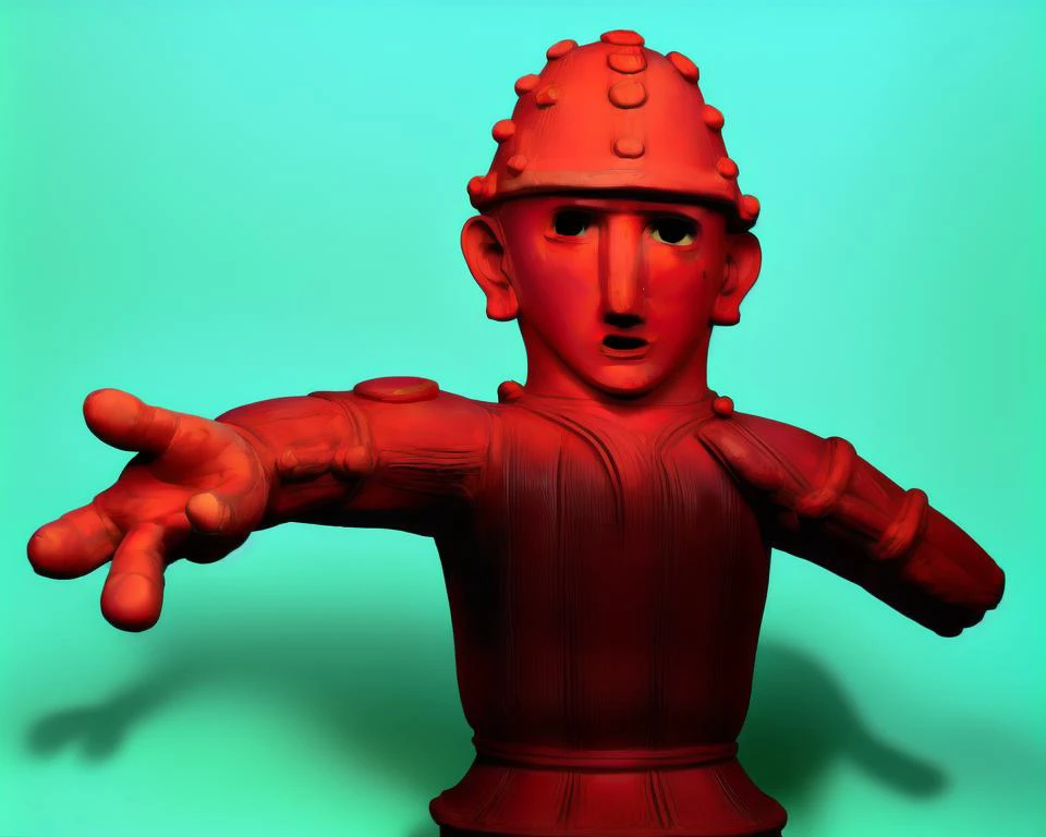 UECO, haniwa \(statue\), haniwa, <lora:idol_v1:0.8>, dramatic lighting, open mouth, white background, hand up, black eyes, arm up, hand on hip, dirty dark brown, detailed face