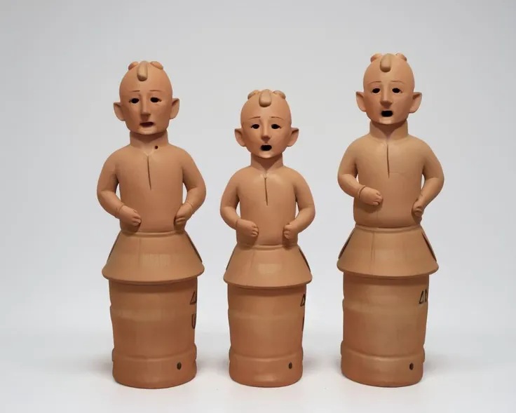 UECO, haniwa \(statue\), haniwa <lora:idol_v1:0.5>, dancing, dramatic lighting clay, idol, open mouth, simple background, white background, standing, full body, horns, hand up, black eyes, arm up, hand on hip