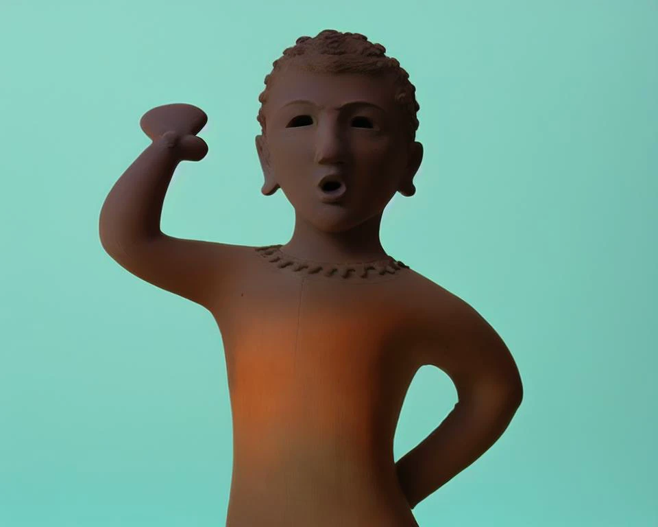 UECO, <lora:idol_v1:0.8>, dramatic lighting, open mouth, white background, hand up, black eyes, arm up, hand on hip, dirty dark brown, clay figurine, woman shaped