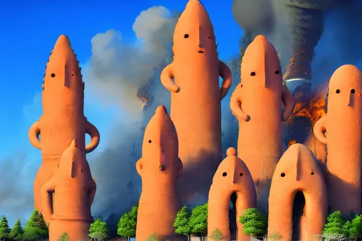 UECO, haniwa, statue, haniwa <lora:idol_v1:0.8>, huge, giagantic, attacking a city, crushing buildings, fire and smoke