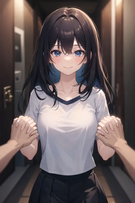 1girl, casual clothes, skirt, t-shirt, long hair, short sleeves, pov, holding hands, close up, upper body, standing, indoors, room, smile
