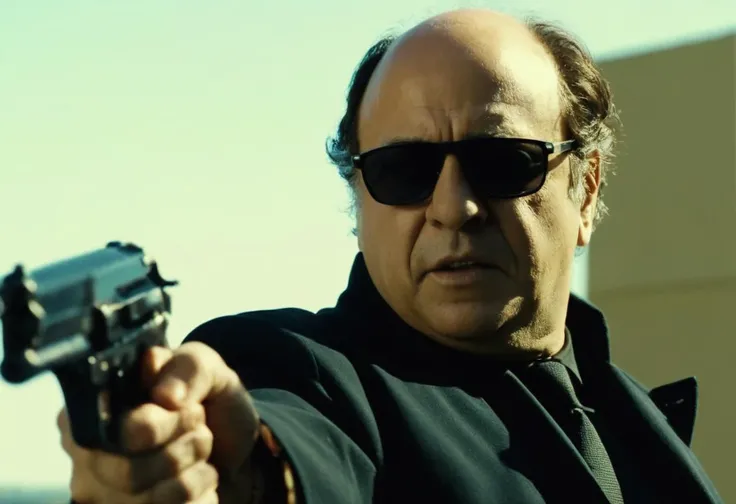 cinematic film still Danny DeVito, black sunglasses, black trenchcoat, Matrix action movie scene, guns, slow motion, action shot, "Bank Scene" . shallow depth of field, vignette, highly detailed, (high budget Hollywood movie:1.16), bokeh, cinemascope, moody, epic, gorgeous, film grain, grainy