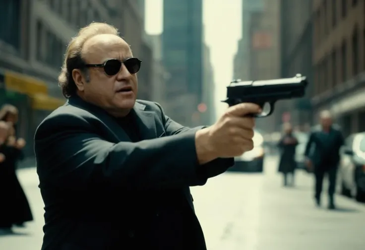 cinematic film still Danny DeVito, black sunglasses, black trenchcoat, Matrix action movie scene, guns, slow motion, action shot, "Bank Scene" . (shallow depth of field:1.21), vignette, highly detailed, high budget Hollywood movie, bokeh, cinemascope, moody, epic, gorgeous, film grain, grainy