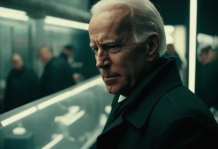 cinematic film still a Film Still of Joe Biden, sleeping, eyes closed, black trenchcoat, Matrix action movie scene, guns, slow motion, action shot, ("Bank Scene":1.28) . shallow depth of field, vignette, highly detailed, high budget Hollywood movie, bokeh, cinemascope, moody, epic, gorgeous, film grain, grainy
