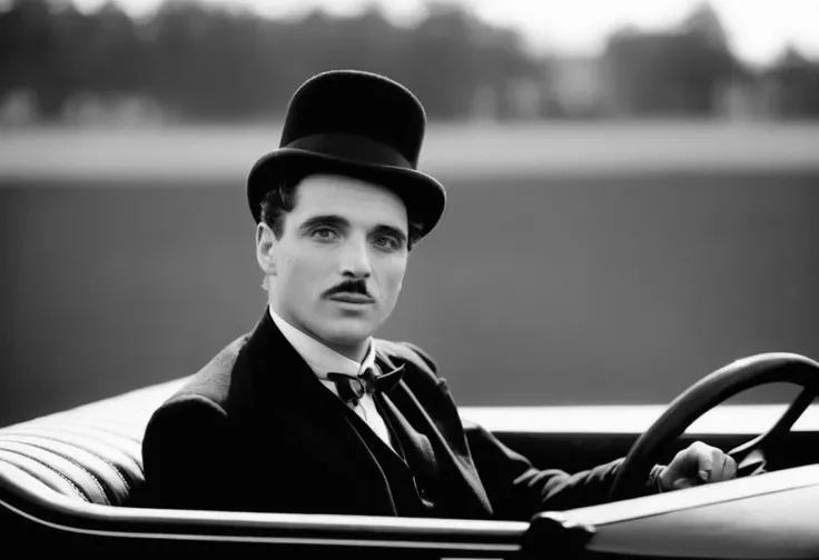 cinematic film still Charlie Chaplin, 2023, driving an F1 Race car, wearing a black top hat, black and white, scratches, silent film . shallow depth of field, vignette, highly detailed, high budget Hollywood movie, bokeh, cinemascope, moody, epic, gorgeous, (film grain:1.18), grainy