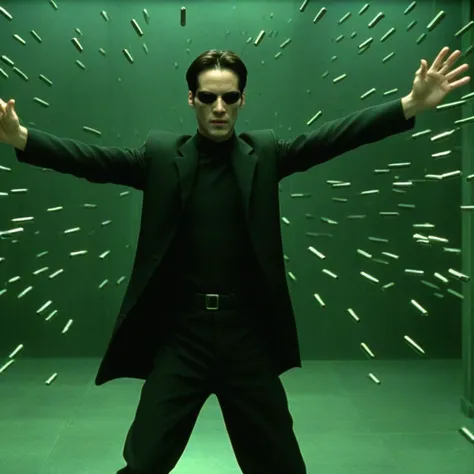 still from Matrix, Neo escaping from bullets