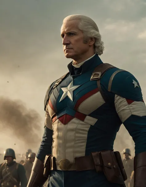 Marvel Comic Universe, a modern film,cinematic film still In the image, George Washington, dressed as Captain America, stands tall with his shield raised. His determined expression and powerful stance exude confidence and leadership. The vibrant colors and detailed brushstrokes bring the scene to life, capturing the intensity of the battle. The image's high quality showcases every intricate detail, from the folds in Washington's uniform to the sparks flying as he engages the British soldiers. A truly awe-inspiring depiction that immerses viewers in this epic historical moment. . shallow depth of field, vignette, highly detailed, high budget, bokeh, cinemascope, moody, epic, gorgeous, film grain, grainy