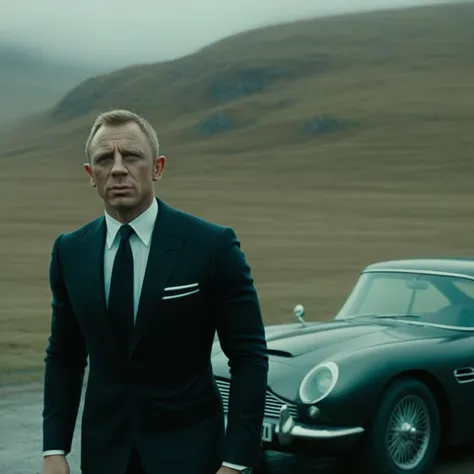 still from Skyfall, James Bond near his car