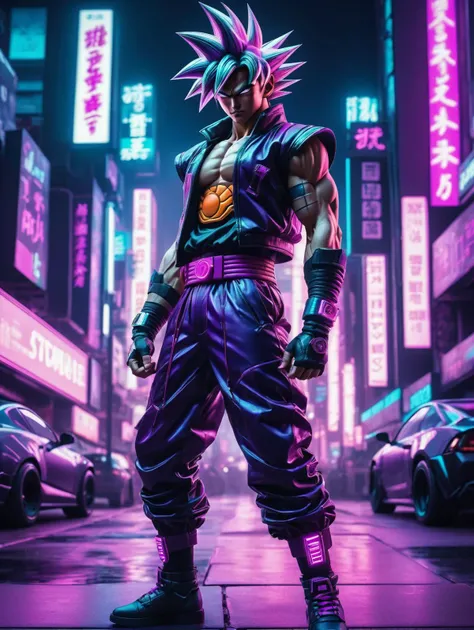 neonpunk style goku in a cyberpunk city taking a fighting stance, cyberpunk, vaporwave, neon, vibes, vibrant, stunningly beautiful, crisp, detailed, sleek, ultramodern, magenta highlights, dark purple shadows, high contrast, cinematic, ultra detailed, intricate, professional
