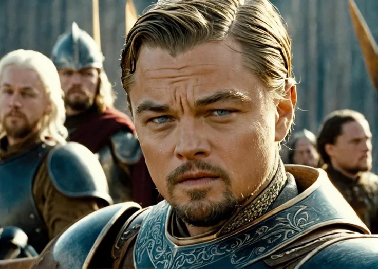 closeup cinematic still of leonardo dicaprio , in an armor , riding a horse, shot from game of thrones , perfect eyes