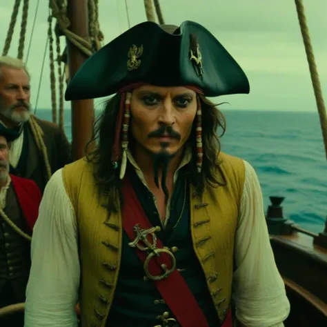cinematic still of Johnny Depp as a pirate captain with crew mates, age 44, closeup, pirate ship, sailing, sweeping panoramic view of the ocean, heroic pose, intimidating pose, sails, masts, nets, bottles, ropes, sea, overcast sky, movieity, Panavision Panaflex, Panavision Primo, 35mm