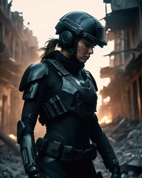 (extreme_long_shot:1.1) (full_body_view:1.4) young female solider (dirty and bleeding face:1.2) wearing (high-tech futuristic:1.1) formfitting ((((matte_black))) (scratched and dented:1.1) cyber-mechanical armor:1.2) and (pilot_helmet visor down:1.3) with ((((short))) messy brunette hair:1.1) (intense and focused expression:1.8), holding an sci-fi rifle by her side. Standing in the middle of a destroyed town, fire, debris, collapsed building . Soft lighting, backlit. Cinematic film still, shallow depth of field, (vignette, extremely detailed skin texture:1.1), film grain, high budget Hollywood , cinemascope, moody