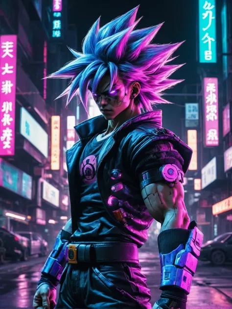 goku in a cyberpunk city taking a fighting stance