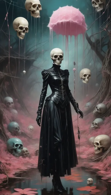 spiderwebs, skulls, wallpaper, there is ugliness in beauty, but there is also beauty in ugliness. desolate, abstract, surrealistic, cotton candy, swamp, funeral, futuristic,in the style of adrian ghenie, esao andrews, jenny saville, edward hopper, surrealism, dark art by james jean, takato yamamoto, inkpunk minimalism