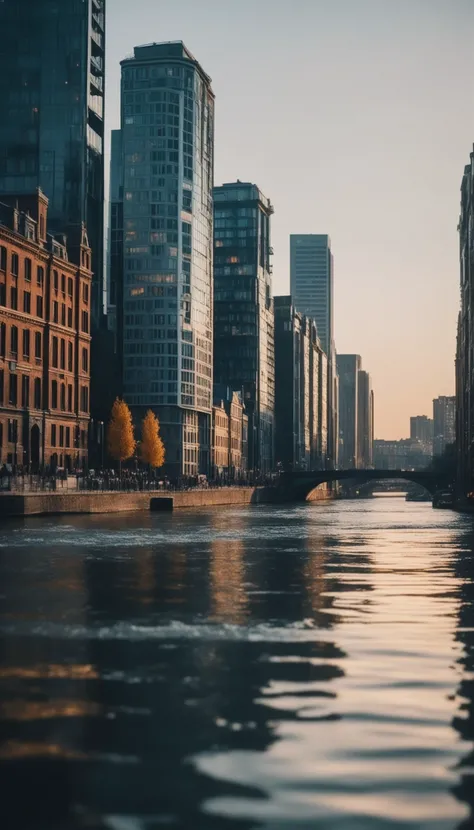 cinematic photo of a city by the river, 35mm photograph, film, bokeh, professional, 4k, highly detailed