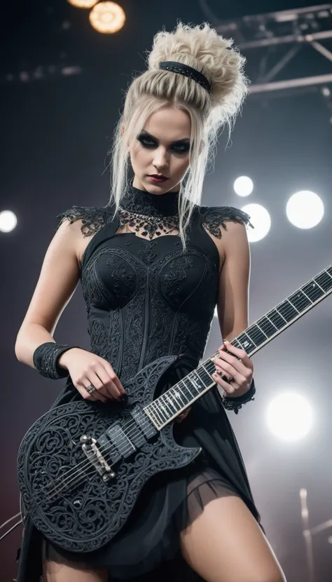 swedish metal rock girl holding a guitar, intense stare into camera, with gothic make-up, intricate details, highly detailed eyes, fancy hair and dark gothic dress, flash photo, on stage, intricate details