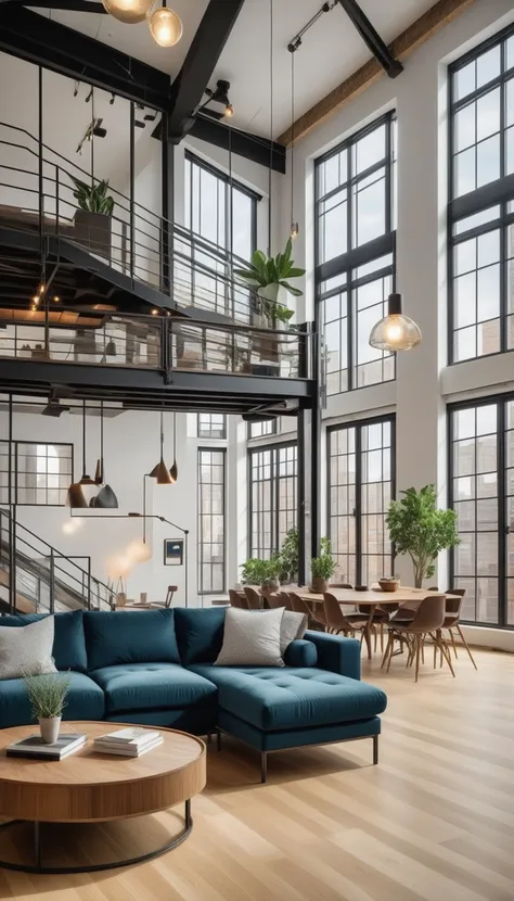 real estate photography style of a modern loft, professional, inviting, well-lit, high-resolution, property-focused, commercial, highly detailed