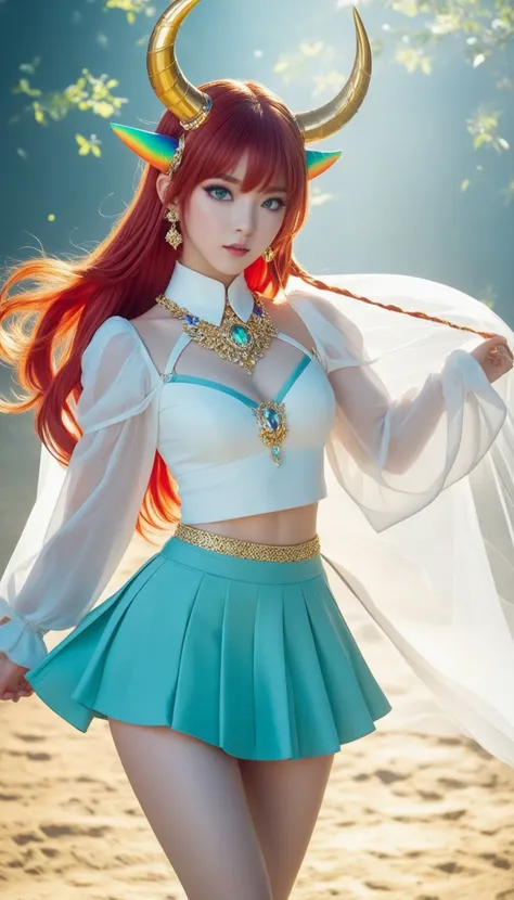 1girl, solo, back light, rainbow, aqua eyes, fake horns, red hair, long hair, crop top, jewelry, horns, veil, bracer, brooch, puffy long sleeves, skirt, bangs, low twintails, puffy sleeves, neck ring, gold trim, parted bangs, arm up, blue skirt, hair ornament, detached sleeves, floating hair, gem, hair flower, blue gemstone