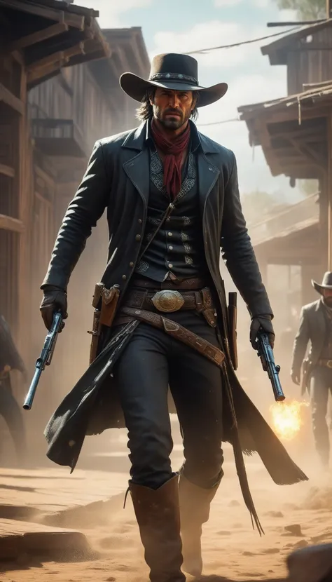 Intricate dynamic action shot of cowboy in a shootout, cinematic Steve Henderson Fabian Perez Henry Asencio Jeremy Mann Marc Simonetti Fantasy, red dead redemption 2 atmosphere, cinematic, photograph
